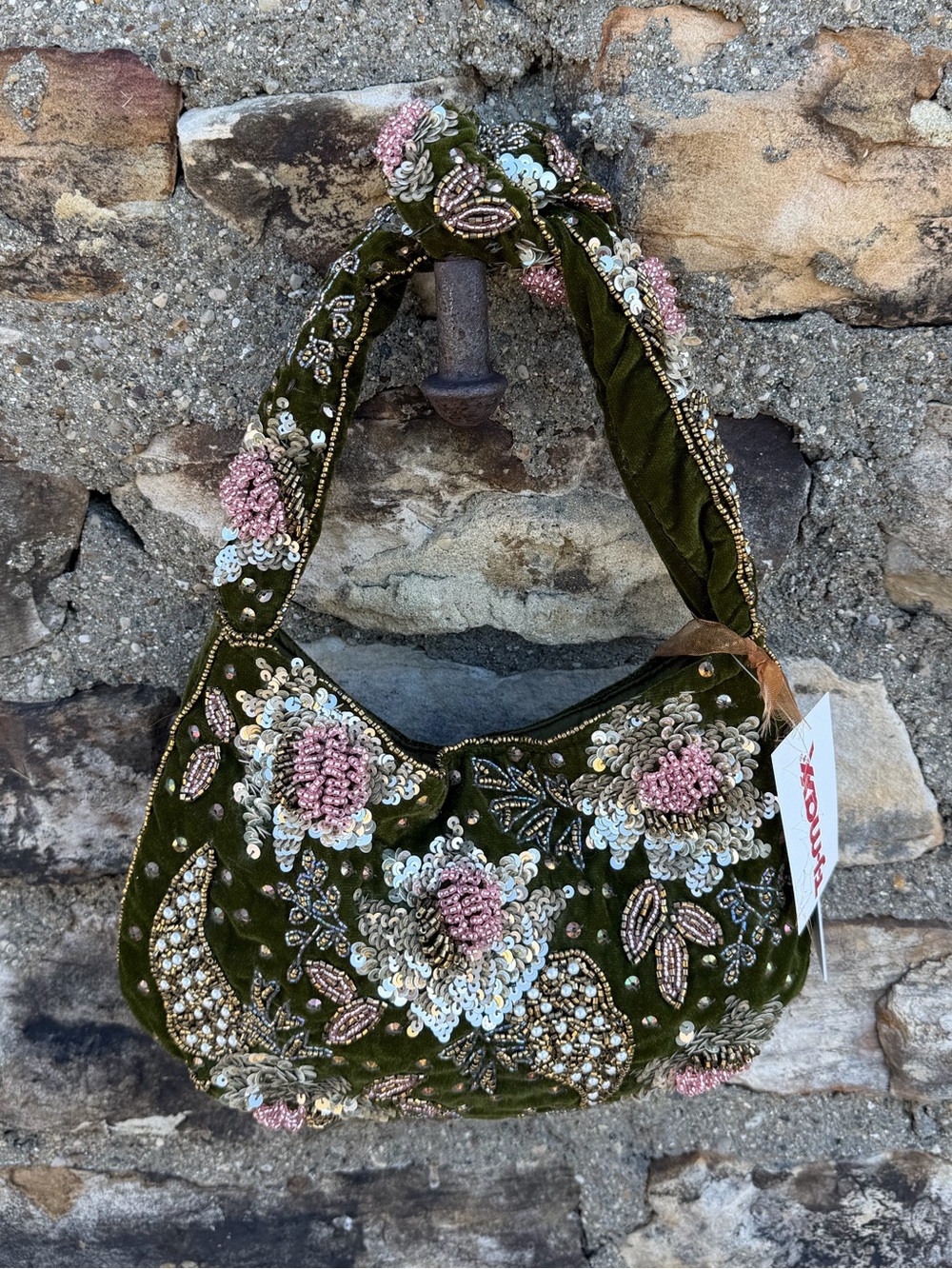 NWT  Green Velvet Shoulder Bag with Pink Accents beaded